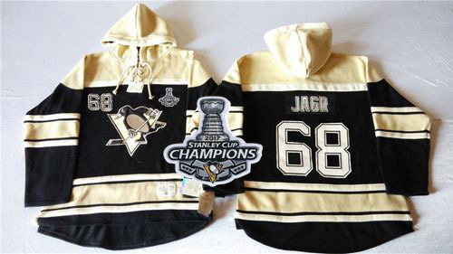 Penguins #68 Jaromir Jagr Black Sawyer Hooded Sweatshirt Stanley Cup Finals Champions Stitched NHL Jersey - Click Image to Close